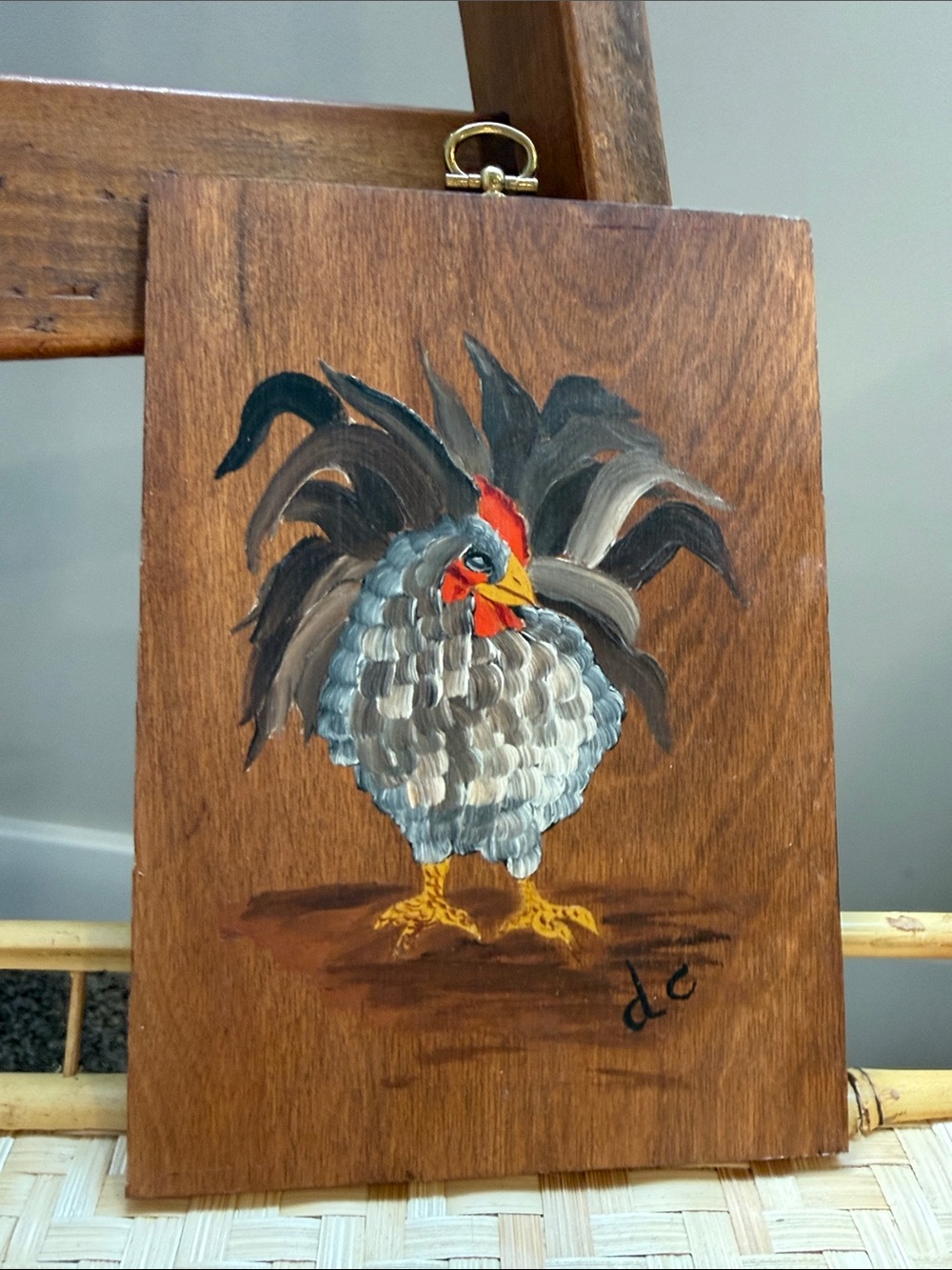 Vintage Hand Painted Rooster Folk Art Wood Wall Plaque Signed Country Farmhouse